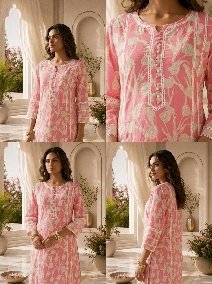 Rose Pink Cotton Tulip Floral Printed Kurta