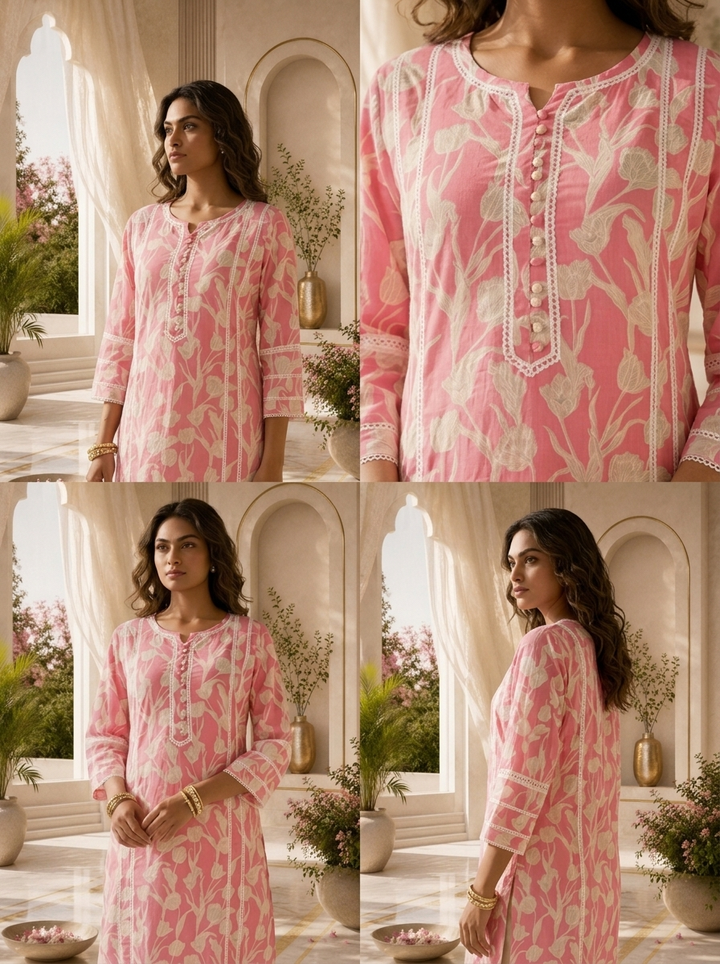 Rose Pink Cotton Tulip Floral Printed Kurta