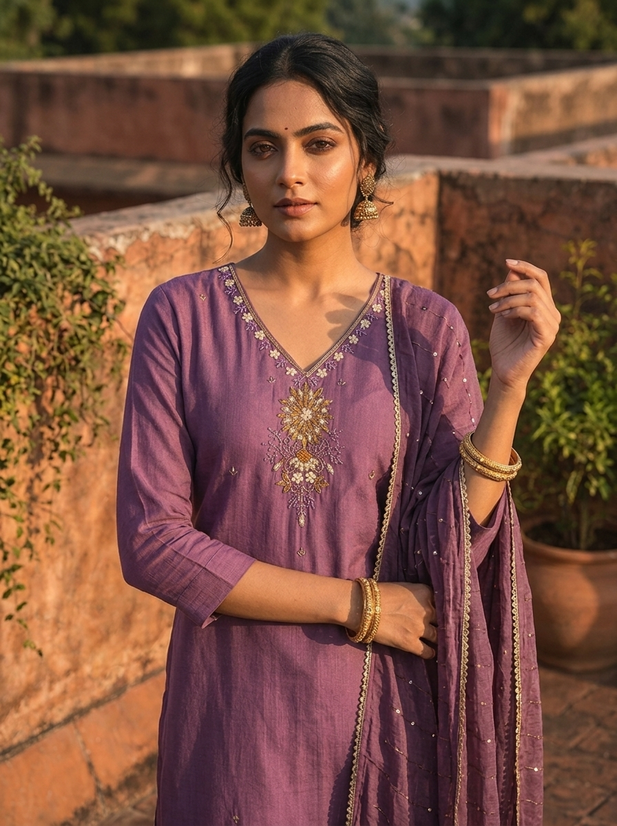 Lavender Rayon Thread And Stone Embroidered Three Piece Set