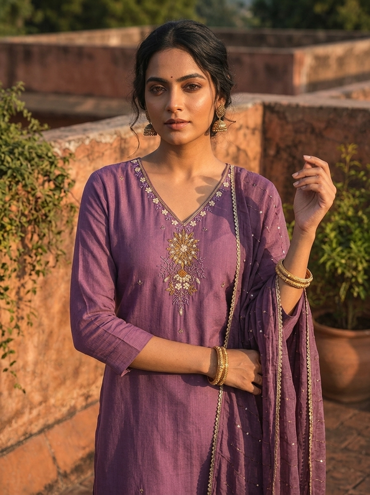 Lavender Rayon Thread And Stone Embroidered Three Piece Set