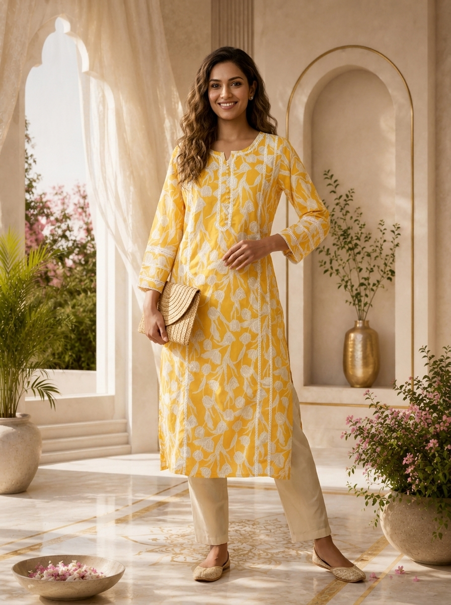 Mustard Cotton Tulip Floral Printed Kurta