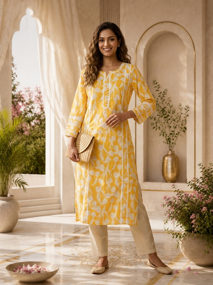 Mustard Cotton Tulip Floral Printed Kurta