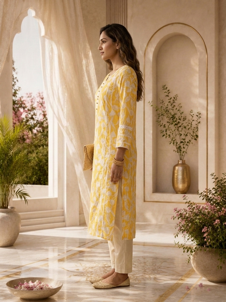 Mustard Cotton Tulip Floral Printed Kurta