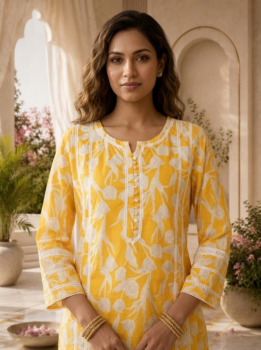 Mustard Cotton Tulip Floral Printed Kurta