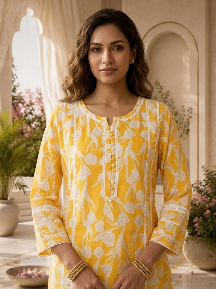 Mustard Cotton Tulip Floral Printed Kurta