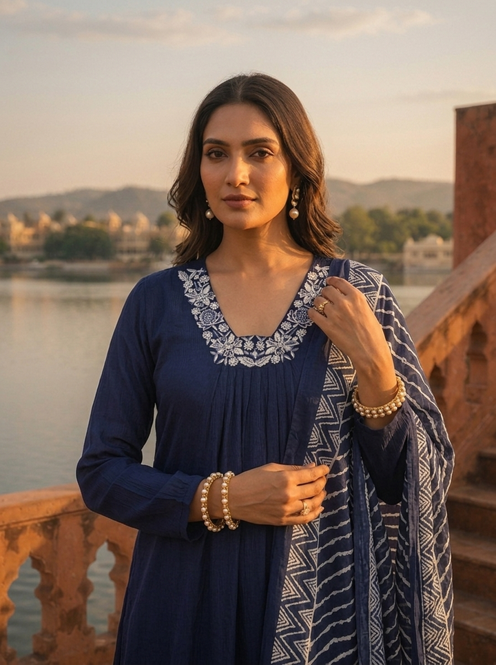 Navy Blue Chinon Floral Thread Embroidered Three Piece Set