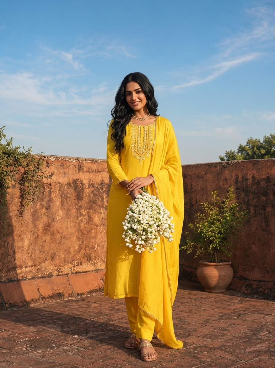 Yellow Chinon Thread And Stone Embroidered Three Piece Set