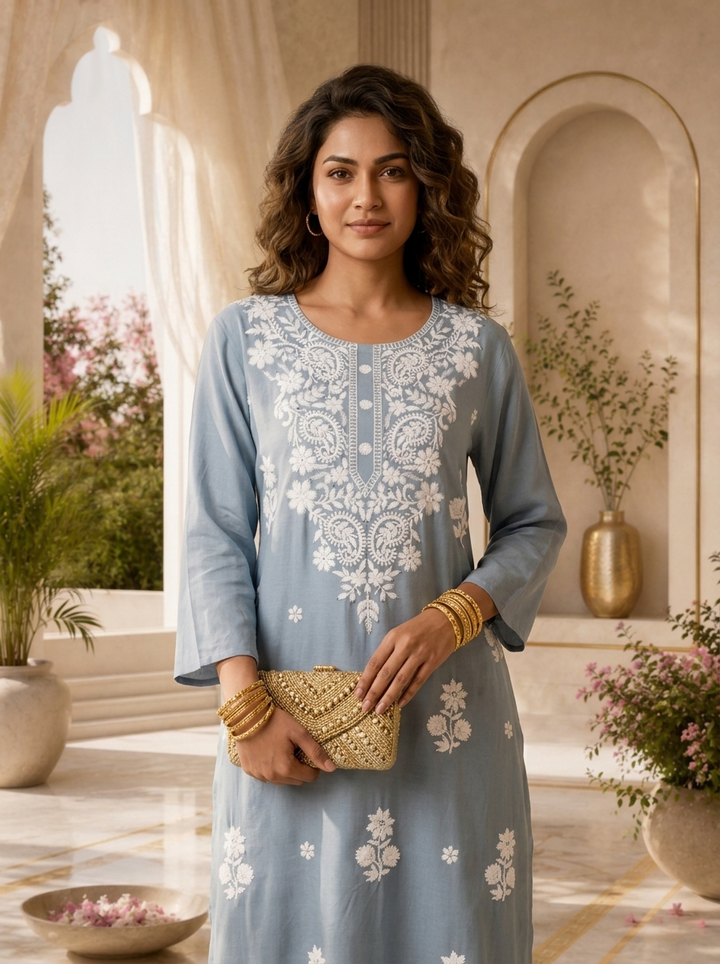 Aqua Rayon Resham Floral Embroidered Kurta