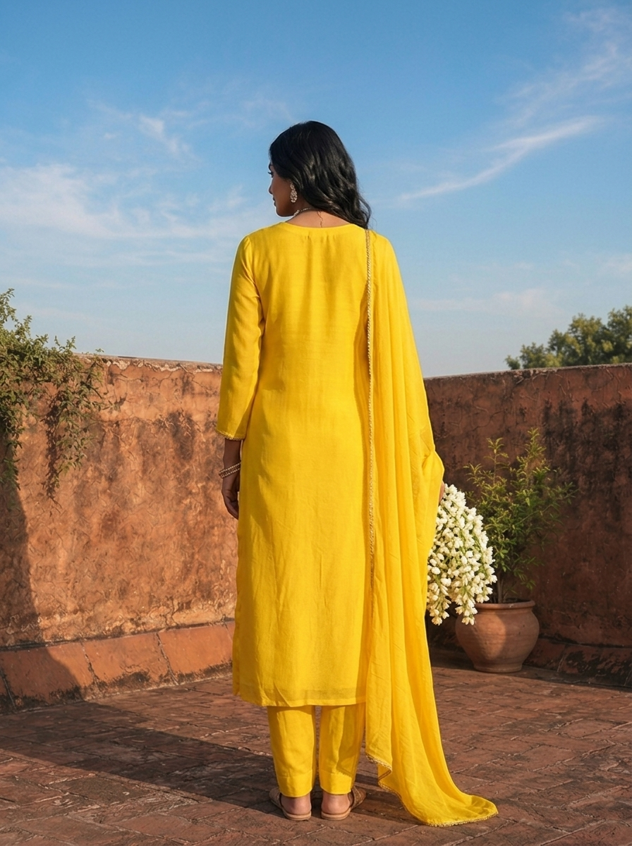 Yellow Chinon Thread And Stone Embroidered Three Piece Set