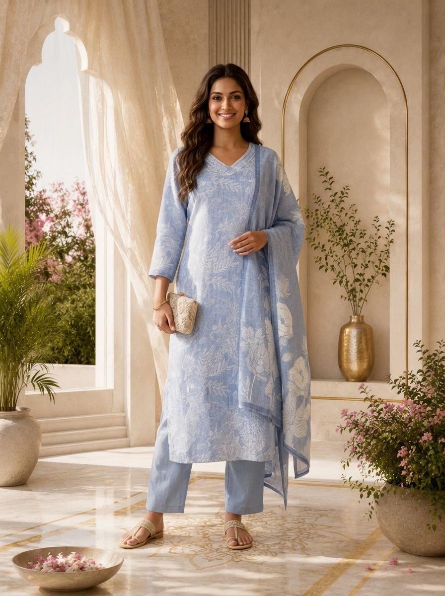 Blue Linen Botanical Line Art Printed Three Piece Set