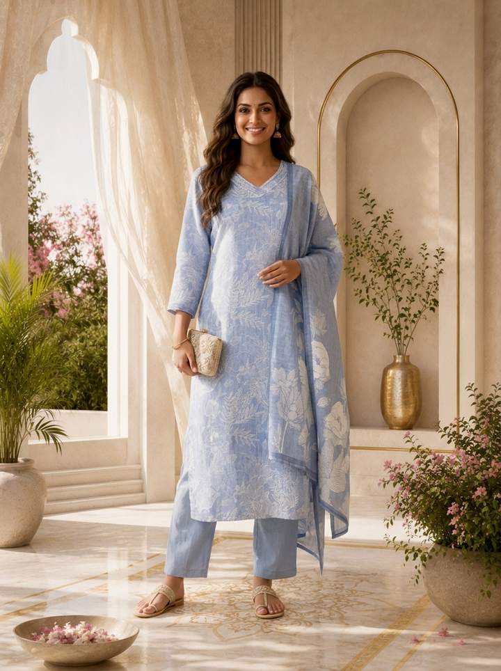 Blue Linen Botanical Line Art Printed Three Piece Set