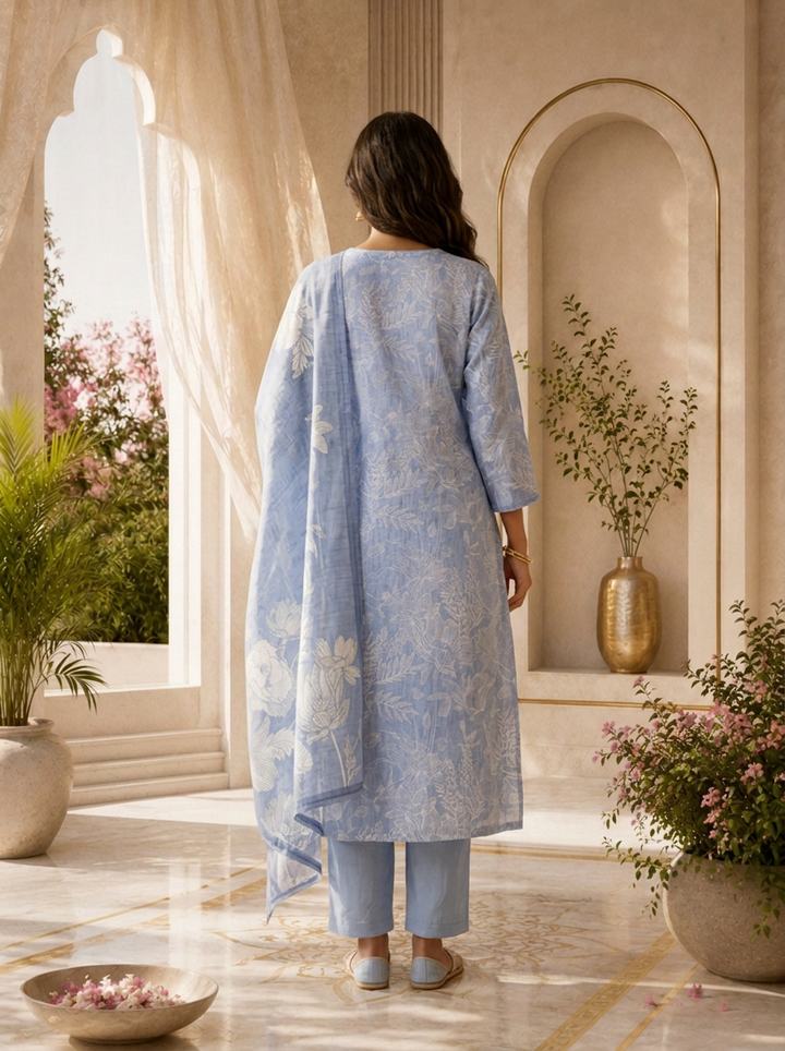 Blue Linen Botanical Line Art Printed Three Piece Set