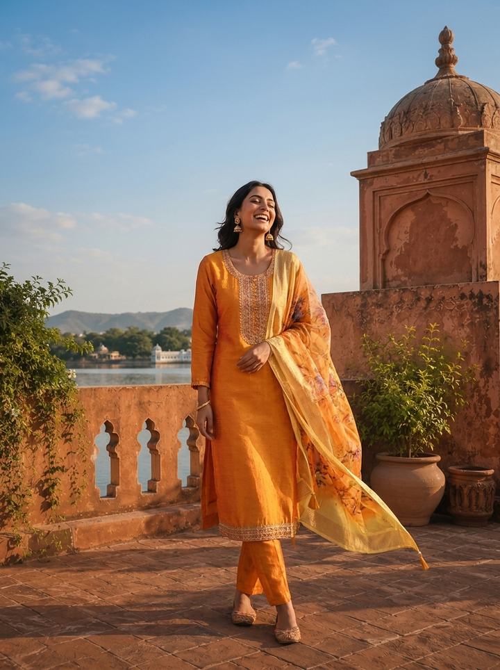 Mustard Silk Embroidered Three Piece Set