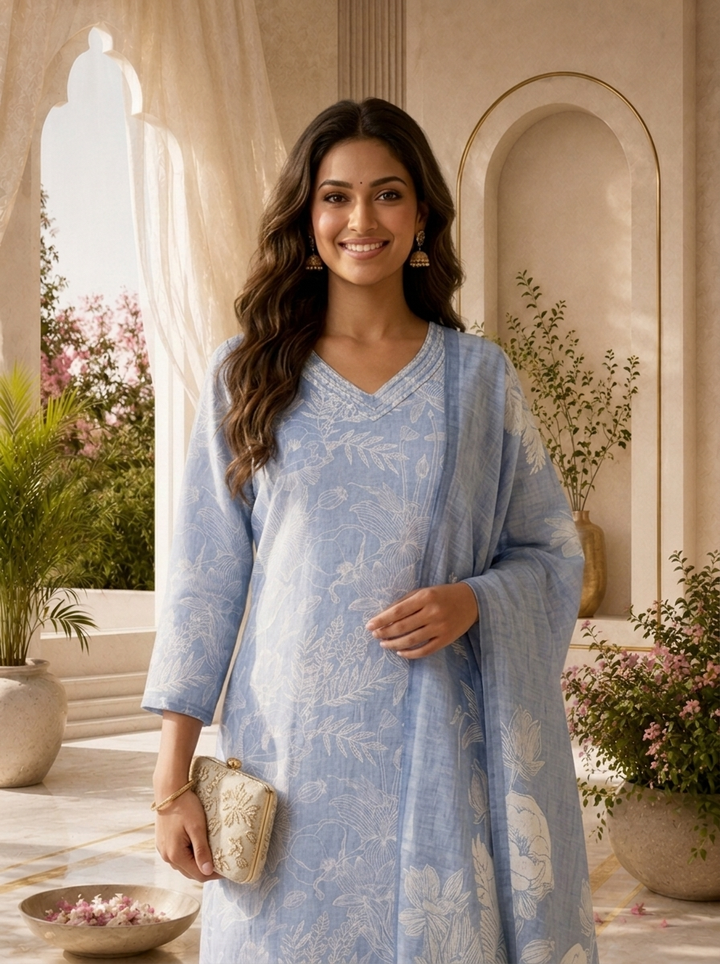 Blue Linen Botanical Line Art Printed Three Piece Set