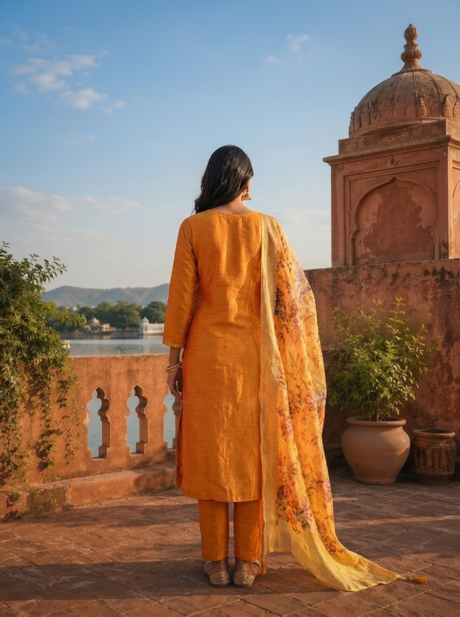 Mustard Silk Embroidered Three Piece Set