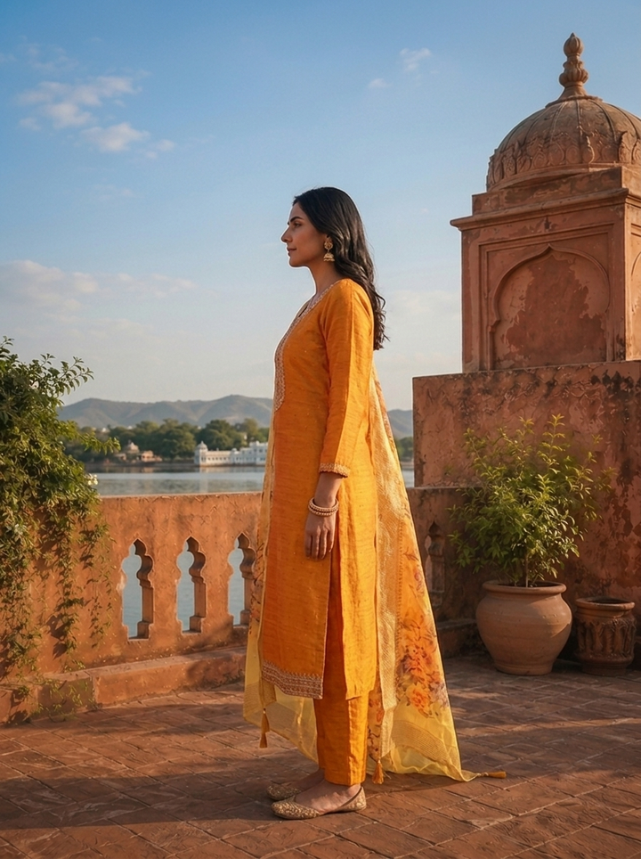 Mustard Silk Embroidered Three Piece Set