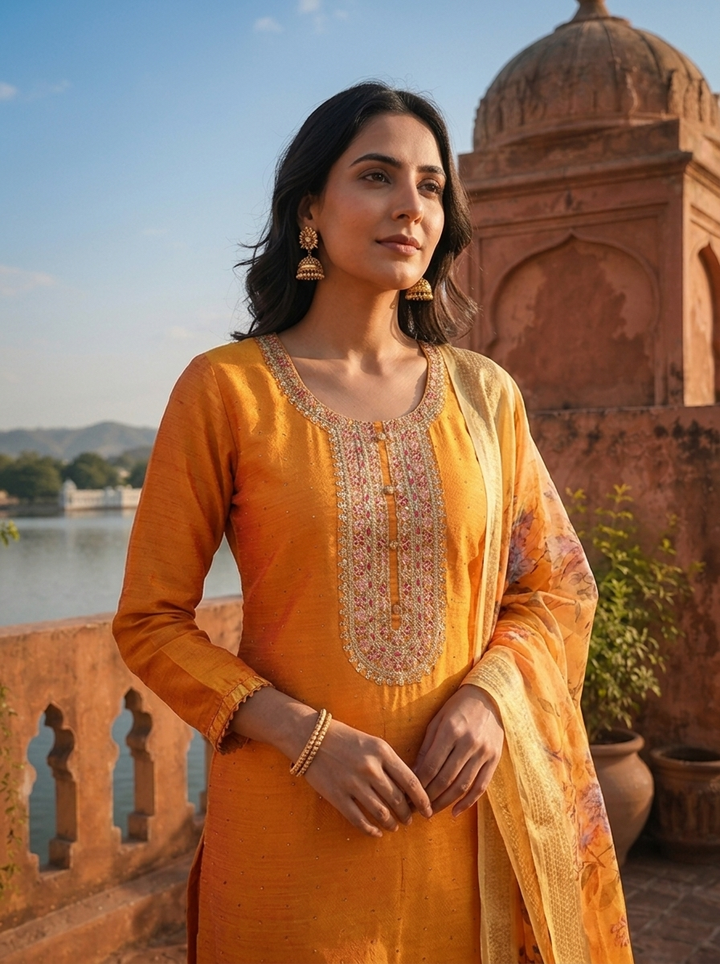 Mustard Silk Embroidered Three Piece Set