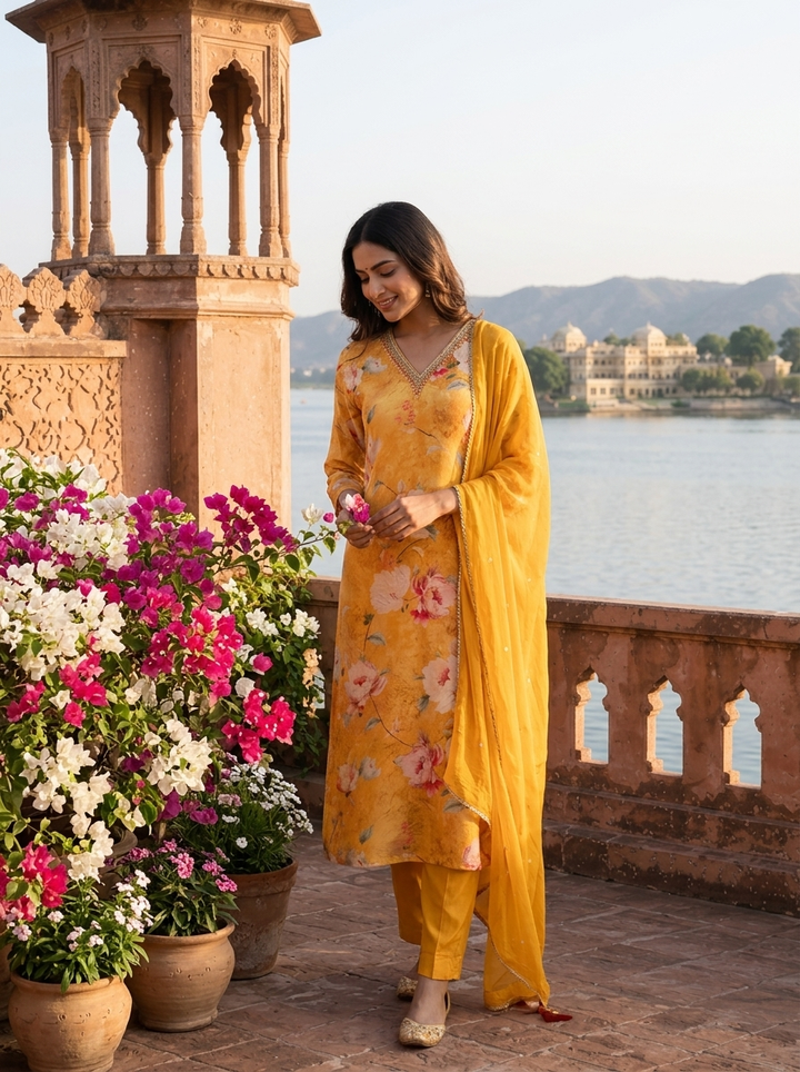 Mustard Crepe Floral Printed Three Piece Set
