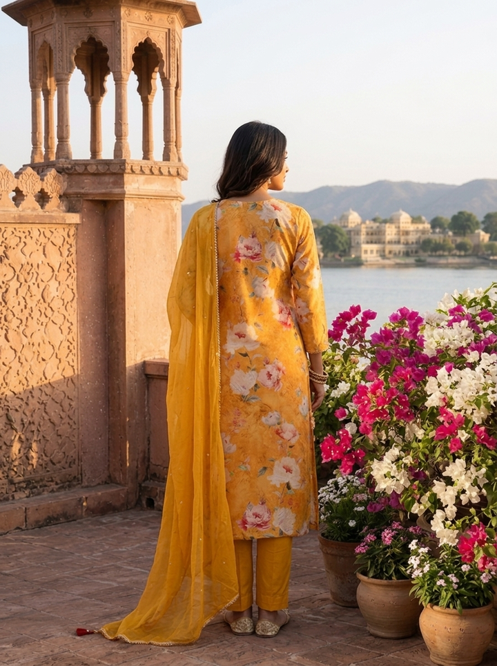 Mustard Crepe Floral Printed Three Piece Set