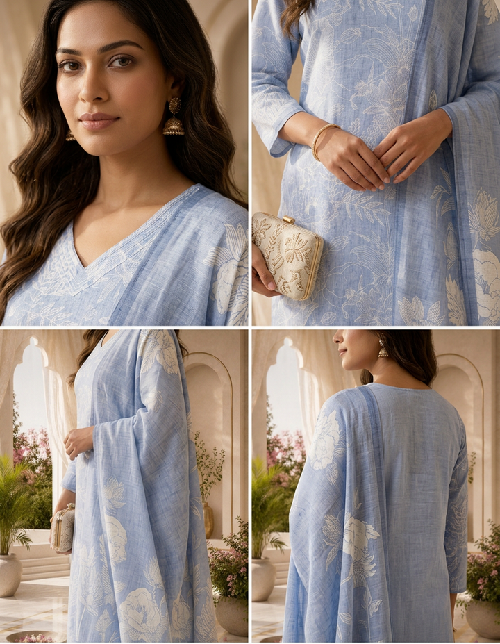 Blue Linen Botanical Line Art Printed Three Piece Set
