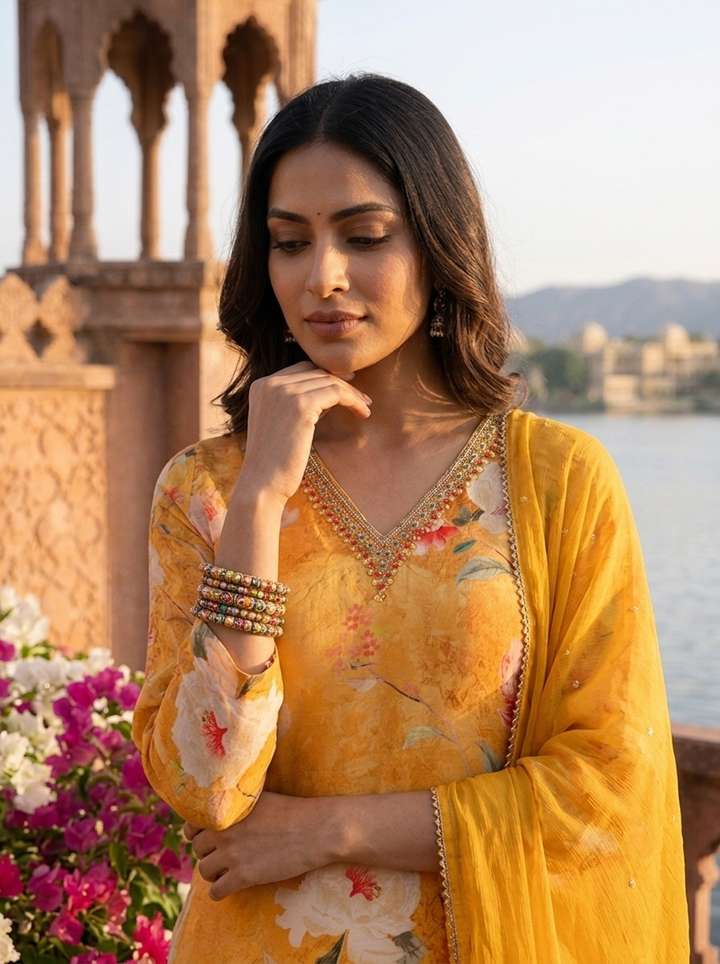 Mustard Crepe Floral Printed Three Piece Set