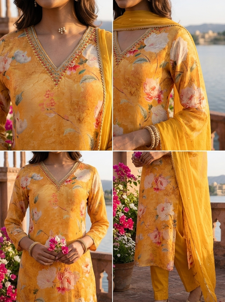 Mustard Crepe Floral Printed Three Piece Set
