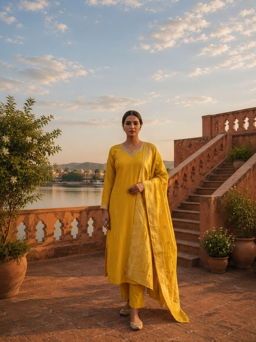 Yellow Silk Stone Embroidered Three Piece Set