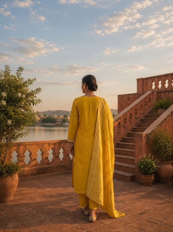 Yellow Silk Stone Embroidered Three Piece Set