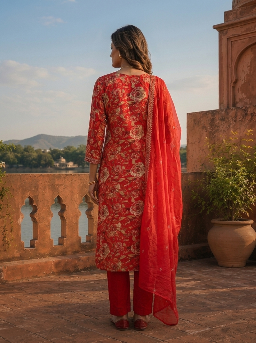 Red Silk Watercolor Floral Printed Three Piece Set
