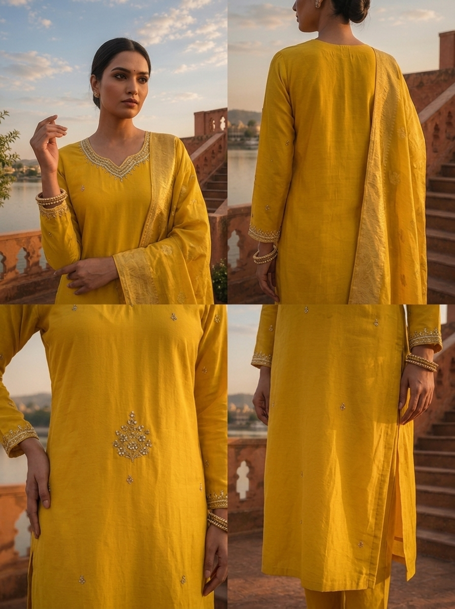 Yellow Silk Stone Embroidered Three Piece Set
