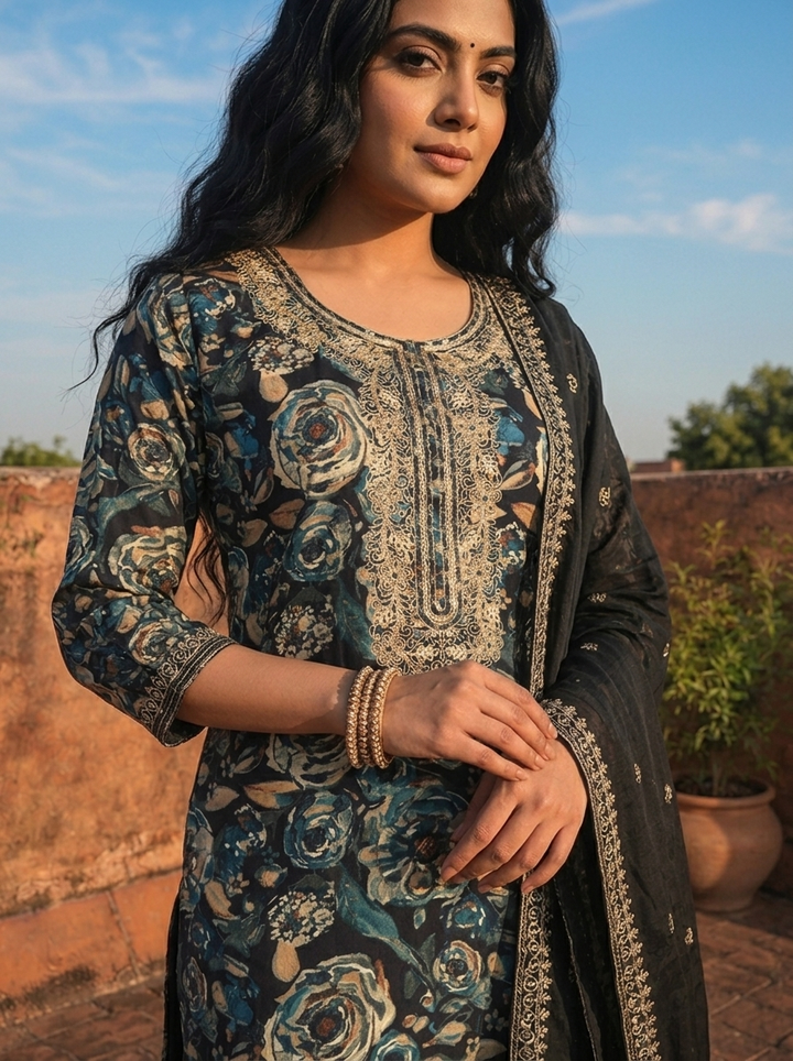 Navy Blue Silk Watercolor Floral Printed Three Piece Set