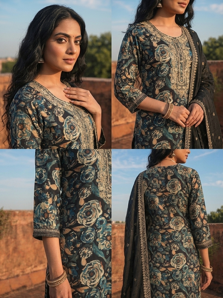 Navy Blue Silk Watercolor Floral Printed Three Piece Set