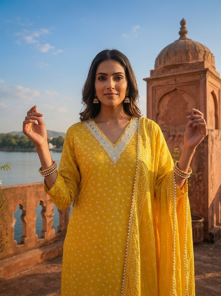 Lemon Silk Printed Three Piece Set