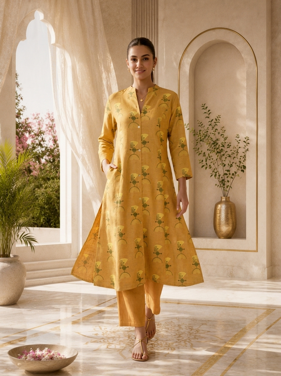 Mustard Linen Tribal Geometric Printed Two Piece Set