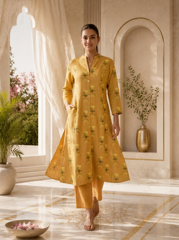 Mustard Linen Tribal Geometric Printed Two Piece Set