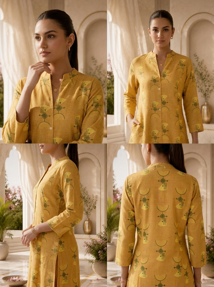 Mustard Linen Tribal Geometric Printed Two Piece Set