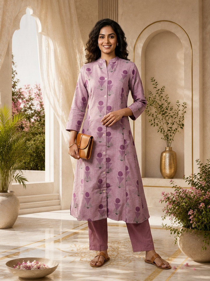 Purple Linen Tribal Geometric Printed Two Piece Set