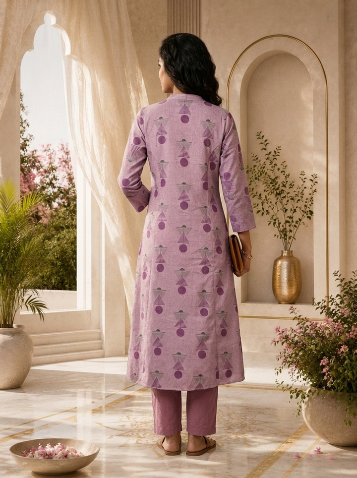 Purple Linen Tribal Geometric Printed Two Piece Set