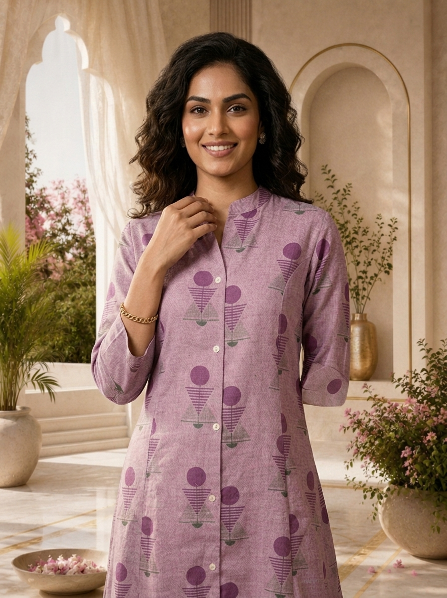 Purple Linen Tribal Geometric Printed Two Piece Set