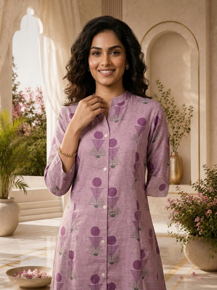 Purple Linen Tribal Geometric Printed Two Piece Set