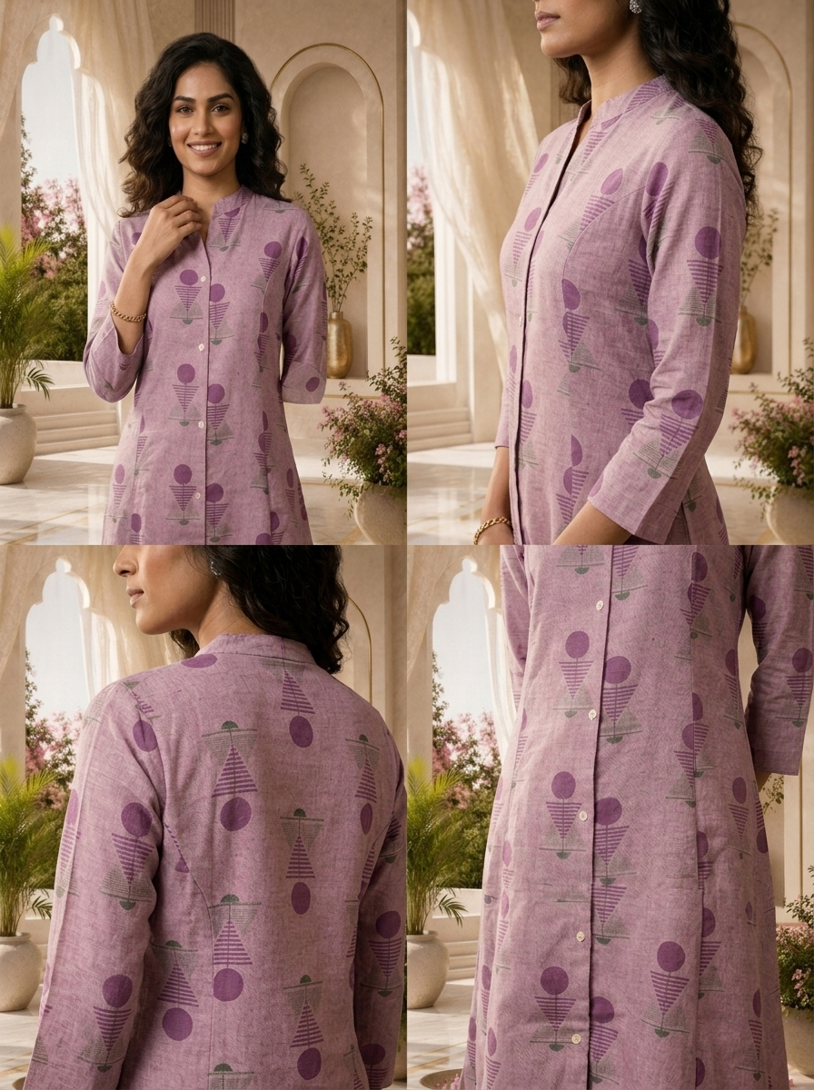 Purple Linen Tribal Geometric Printed Two Piece Set