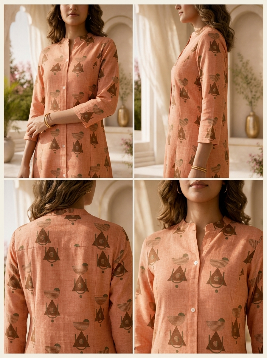 Coral Linen Tribal Geometric Printed Two Piece Set