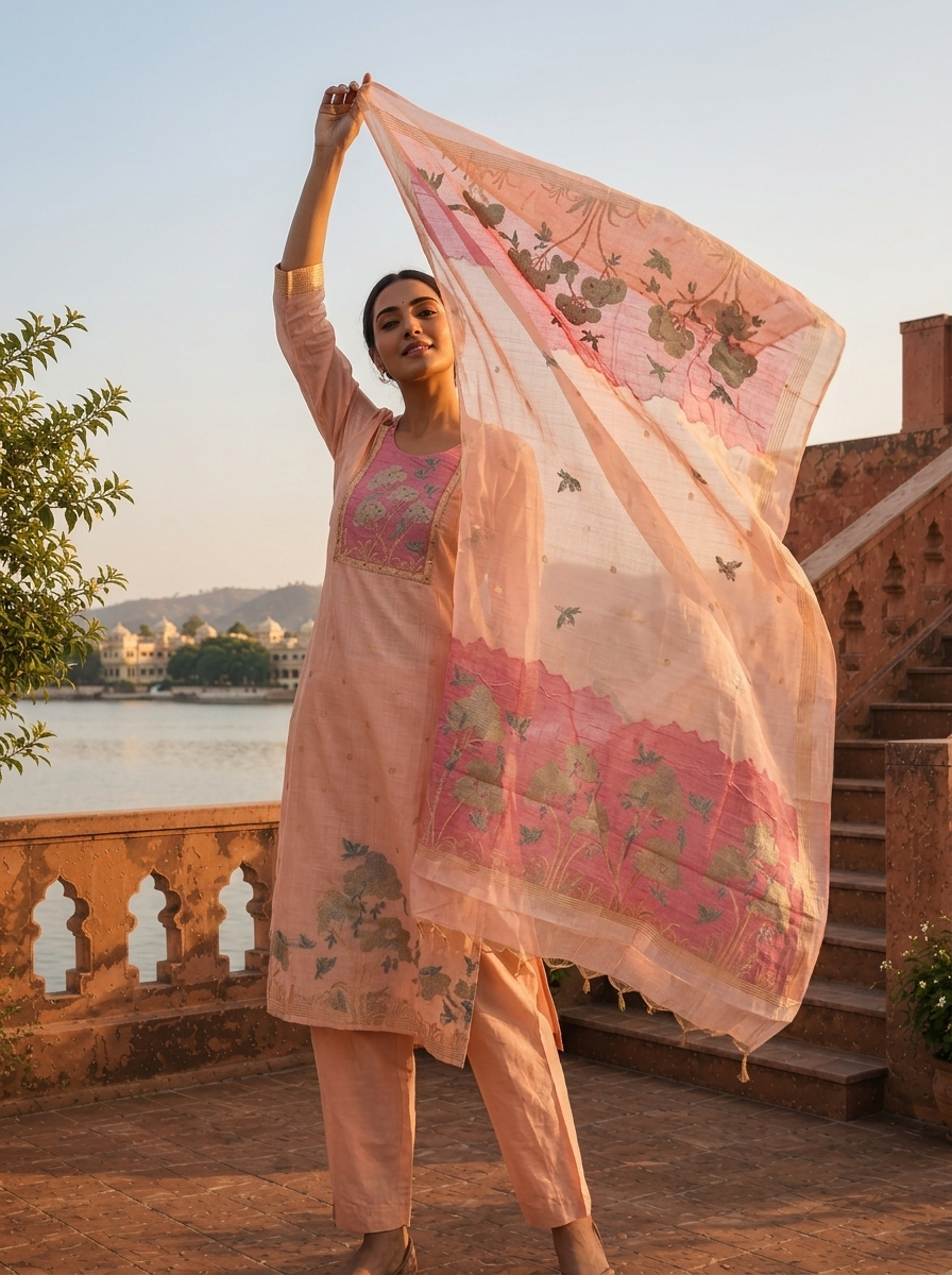 Onion Chanderi Silk Golden Tree And Bird Woven Motif Embroidered Three Piece Set