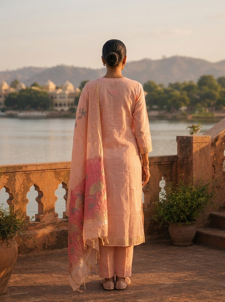Onion Chanderi Silk Golden Tree And Bird Woven Motif Embroidered Three Piece Set