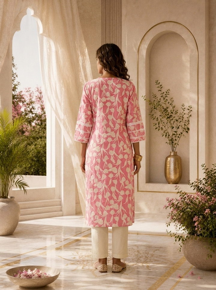 Rose Pink Cotton Tulip Floral Printed Kurta