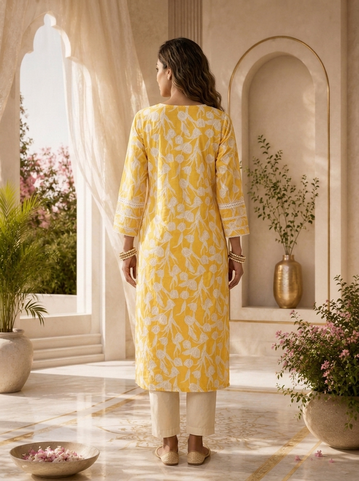 Mustard Cotton Tulip Floral Printed Kurta