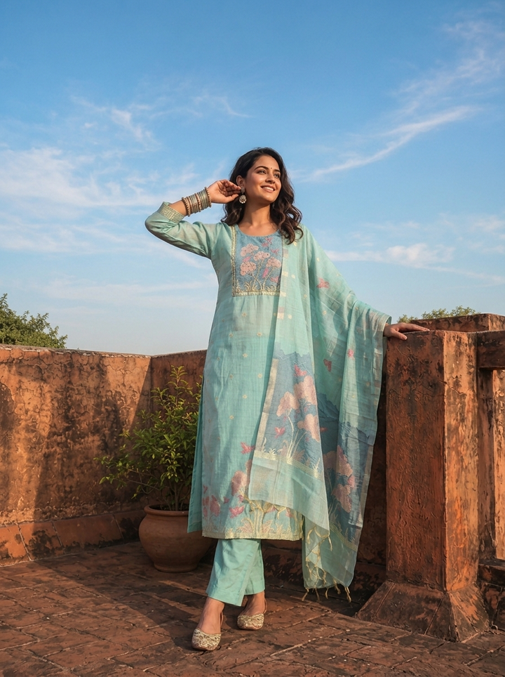 Ice Blue Chanderi Silk Golden Tree And Bird Woven Motif Embroidered Three Piece Set