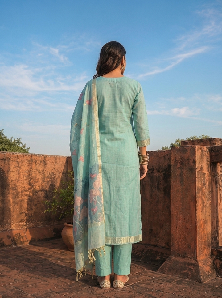 Ice Blue Chanderi Silk Golden Tree And Bird Woven Motif Embroidered Three Piece Set