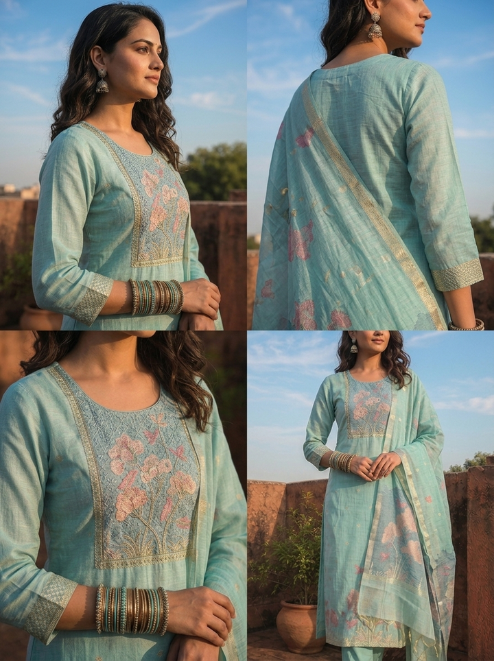 Ice Blue Chanderi Silk Golden Tree And Bird Woven Motif Embroidered Three Piece Set