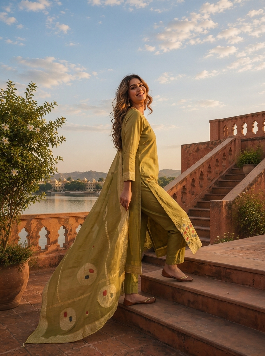 Mehadi Green Chanderi Silk Garden Floral Weaved Three Piece Set